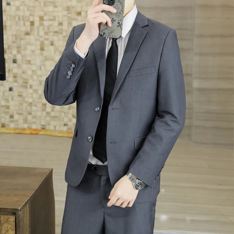 S-6XL Suit (Blazer+Trousers) Men's Gentlemanly Wedding Fashion Business Fit Best Man Casual Host Solid-color British-style Suit