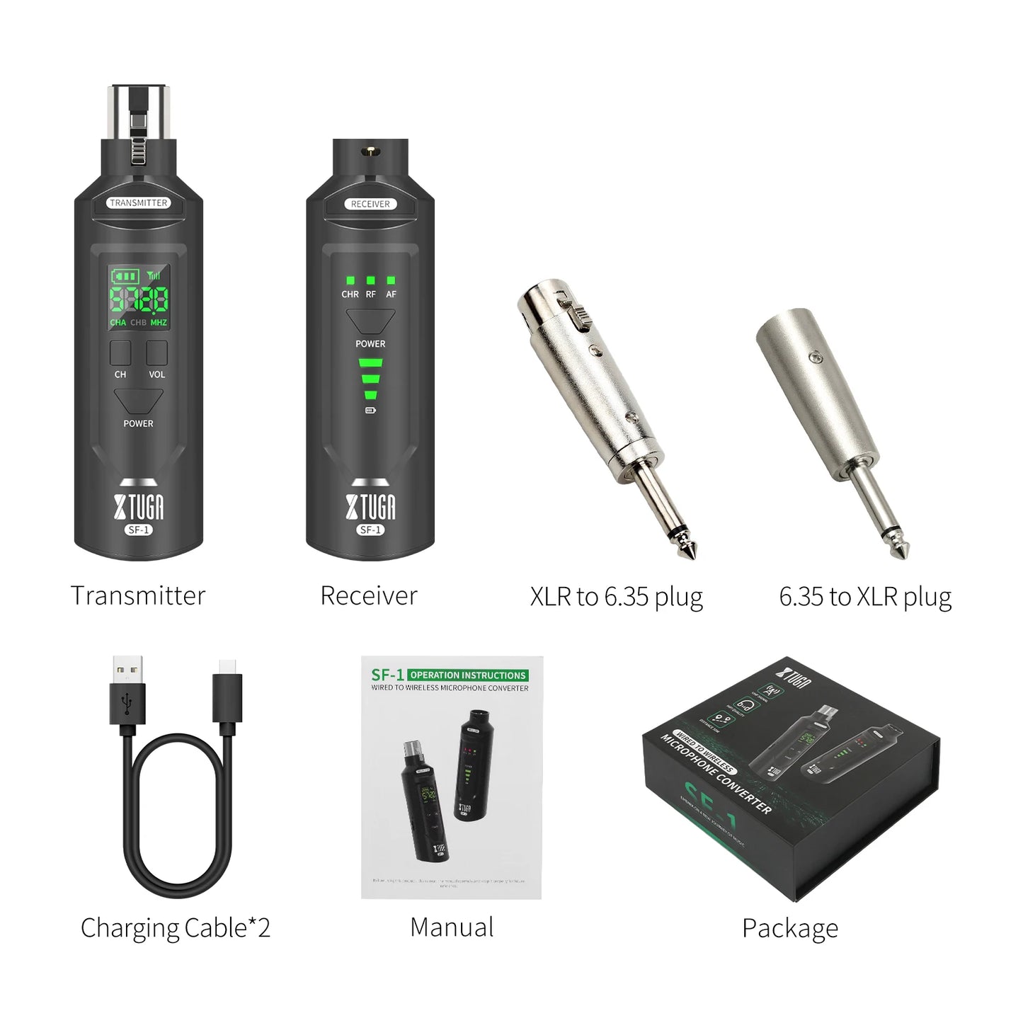 XTUGA UHF Professional Microphone Wireless Converter XLR Recharge Transmitter Receiver for Dynamic/Condenser Mic Audio Mixer