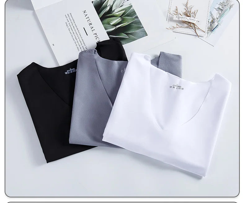 M-5XL Men's Ice Silk T-Shirt V-neck Quick Dry Seamless Short Sleeve Shirt Summer Male Casual Thin Solid Color Tees Undershirt