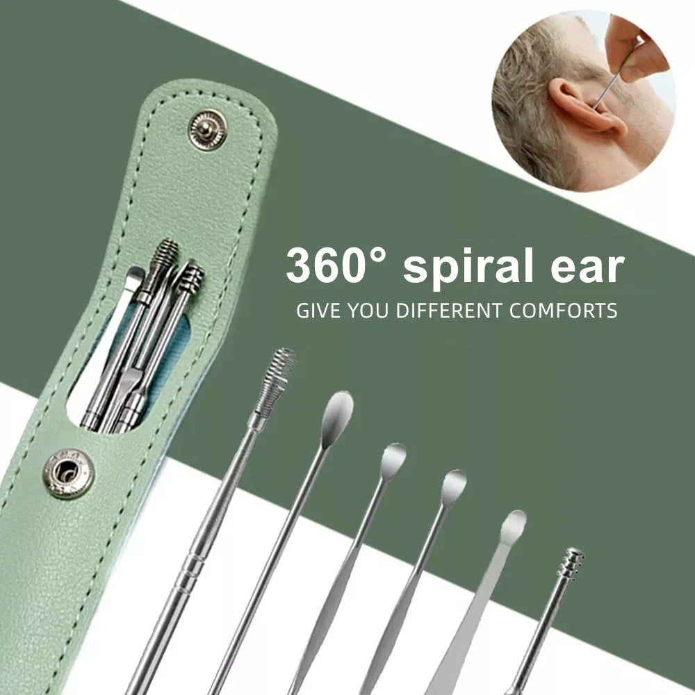 Ear Cleaning Tool Stainless Steel Ear Pick Kit &1 Set Storage Bag Earwax Remover Tool Earpick Wax Remover Remover Piercing Kit