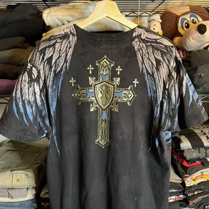 imited Stock Men's Harvester Skull T-Shirt Gothic Wings Cross Print  Vintage Streetwear Soft Breathable FabricL