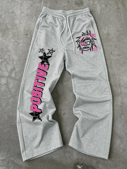 Men Wide Leg Punk Cartoon Sweatpants 100% Polyester Positive Star Dual Side Print Baggy Y2K Drawstring Jogger Pants