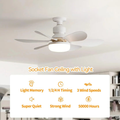 Cordless Light Socket Fan for Kitchen Bedroom Small Room LED Socket Fan Light with Remote Small Ceiling Fan with Light