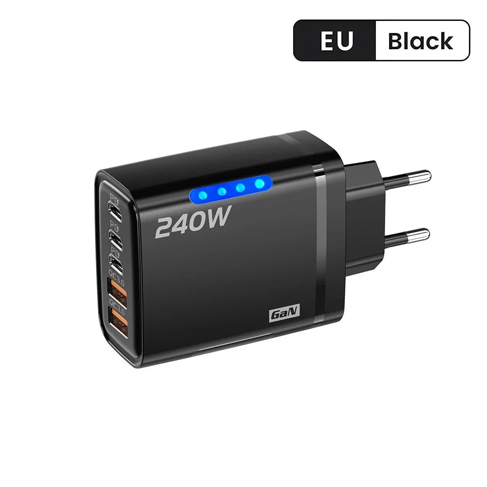 240W GaN 2USB+3Type C Desktop Phone Charger With LED Light Multi Ports Quick Charge 3.0 Adapter For iPhone Samsung Huawei Tablet