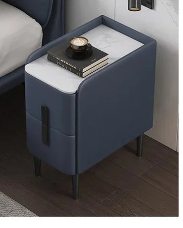 Moder Style Wooden Bedside Table Mini Narrow Leather Bedroom Nightstand Side Storage Cabinet with 2 Drawers Hotel End Table
