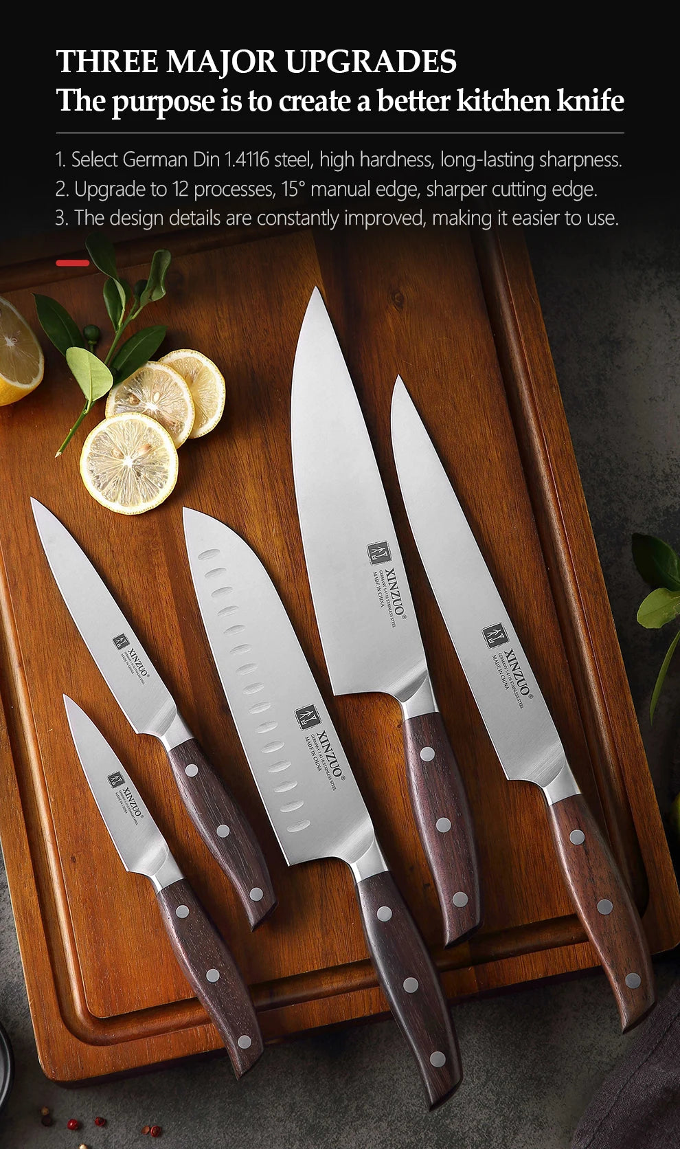 XINZUO 1-5PCS High Quality 3.5+5+8+8+8"  Paring Utility Cleaver Chef Knife Germany 1.4116 Stainless Steel Kitchen Knife Sets