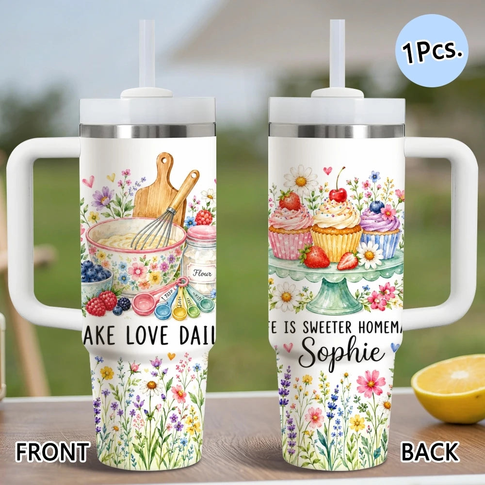 Luxury Garden Art Vacuum Flasks 40oz Stainless Steel Insulated Tumbler with Handle & Straw Leakproof Travel Mug
