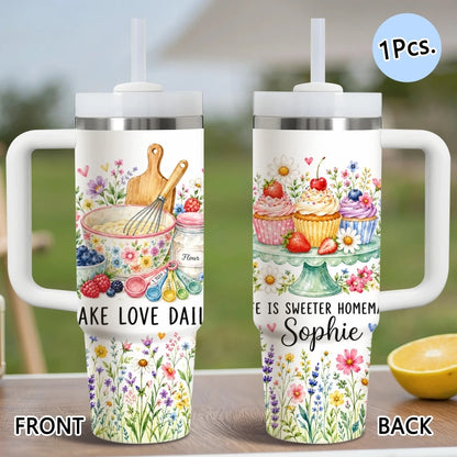 Luxury Garden Art Vacuum Flasks 40oz Stainless Steel Insulated Tumbler with Handle & Straw Leakproof Travel Mug
