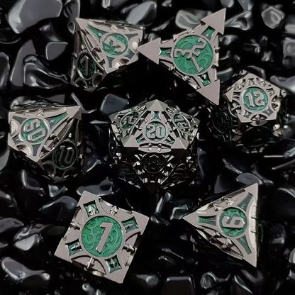 7 Pcs Cosplay D4-D20 DND Brass Gold Polyhedral Sharp Edge Casino Dice Rpg Table Board Game Tray Gem Stone Dragon Metal Steel Set