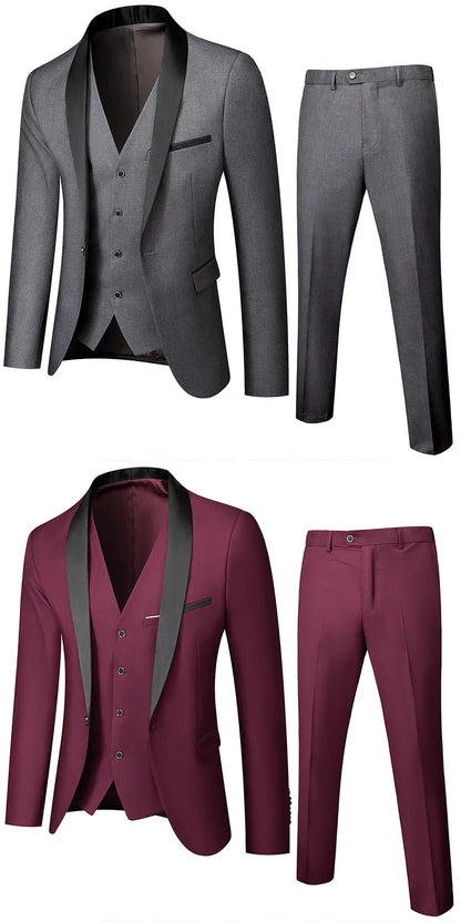 Black White Men Autumn Wedding Party Three Pieces Set Large Size Male Blazer Coat Pants and Vest Fashion Slim Fit Suit