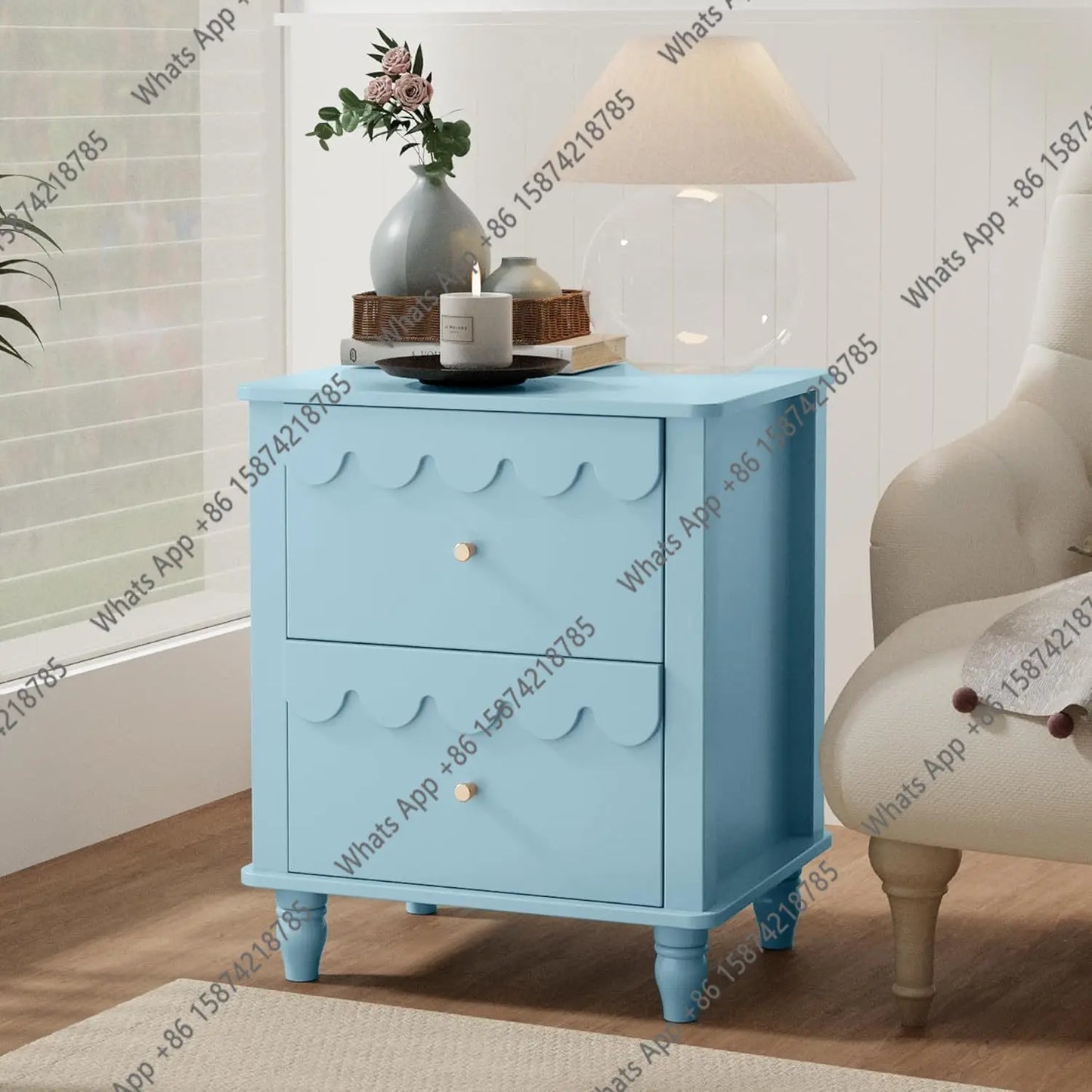 AZ Blue Kids Nightstand,Kids Bedside Table,Night Side Table,2 Drawers Night Stand,Scalloped End Tables Bedroom,Cute Nightstand
