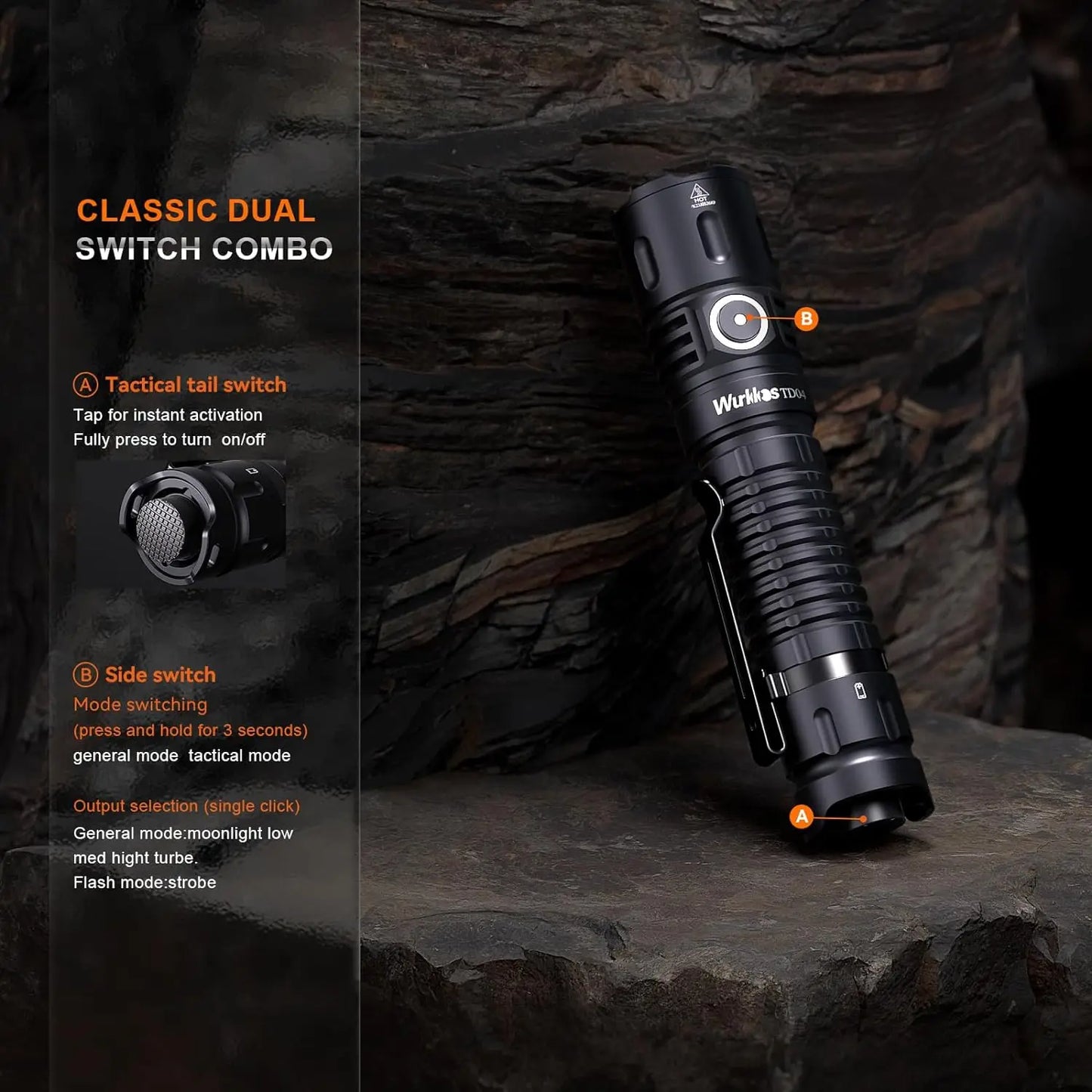 Wurkkos TD04 21700 EDC Self Defense Tactical Flashlight  Powerful 3000LM Rechargeable Torch XHP50D HI LED Lamp IP68 Dual Switch