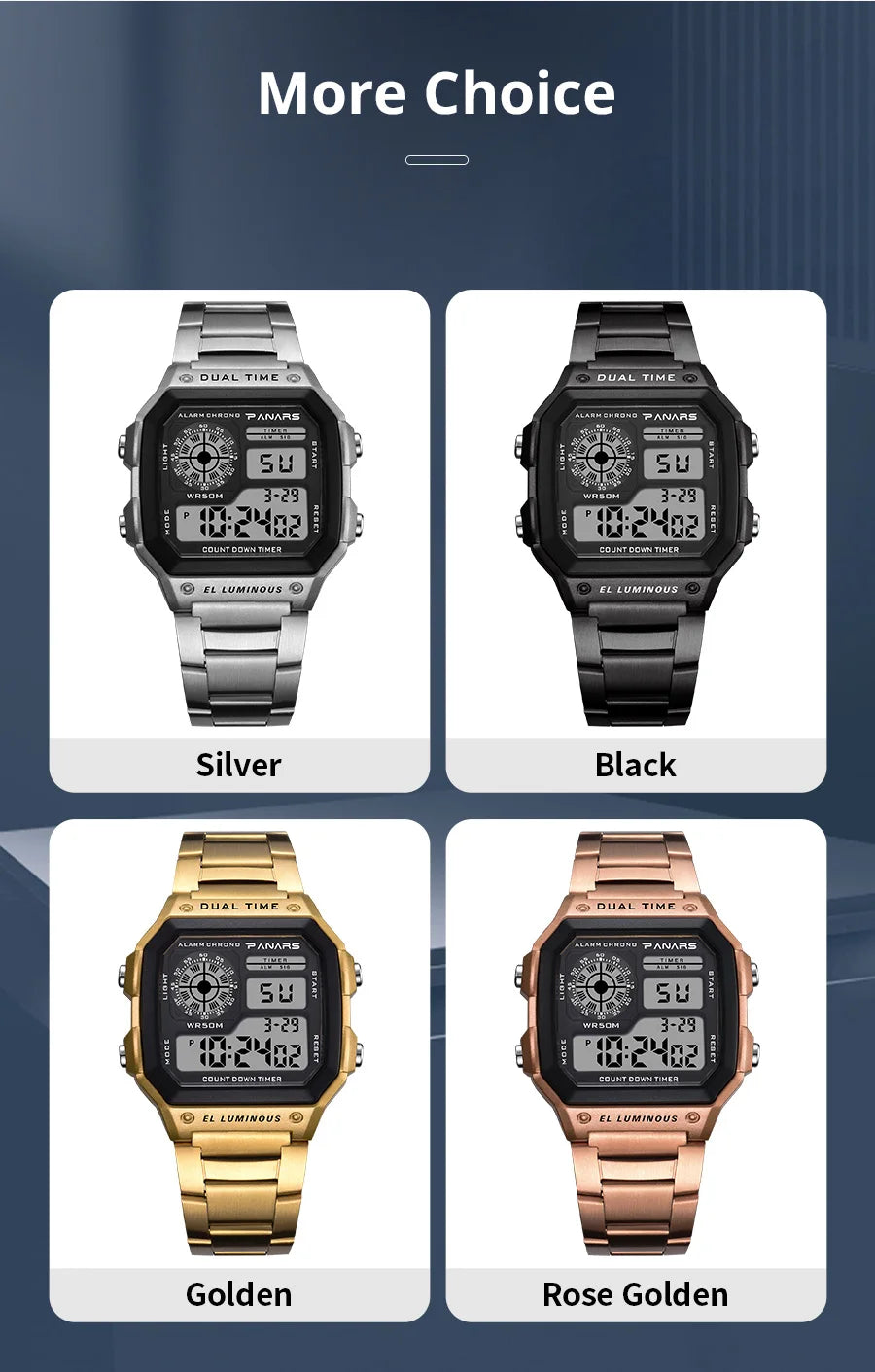 PANARS Top Luxury Stainless Steel Strap Sport Watches Mens Waterproof Back Light Digital Wristwatch Male Alarm