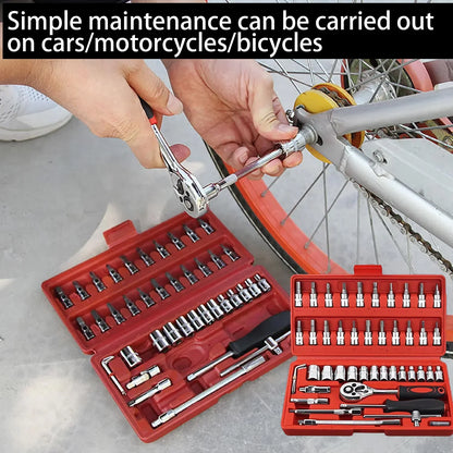 46pcs Family Tools 1/4 Inch Drive Socket Ratchet Wrench Set Complete Car Repair Kit for Motorcycle and Bicycle Maintenance Tools