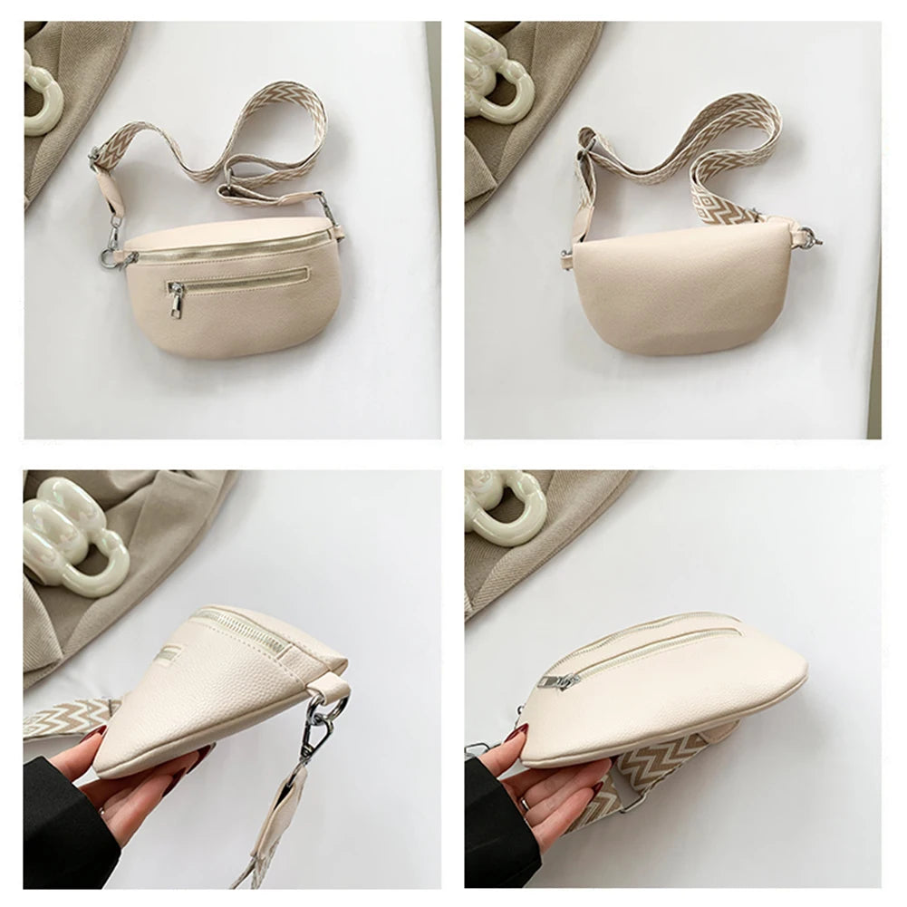 2024 Luxury Designer Women's Chest Bag PU Leather Wide Strap Shoulder Crossbody Bag Female Fashion Fanny Pack Banana Waist Bag