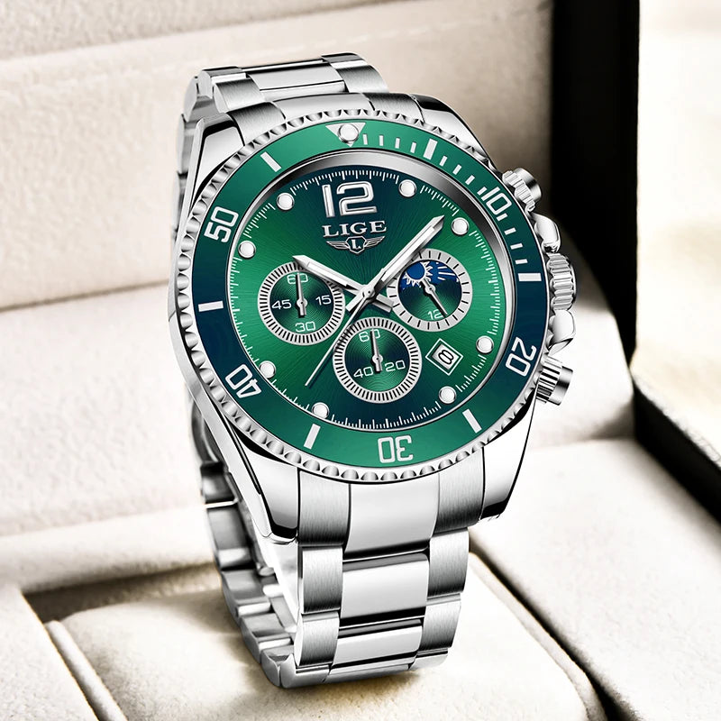 LIGE Outdoor Sport Watch For Men Fashion Military Waterproof Luminous Men Watch Round Stainless Steel Quartz Chronograph Male