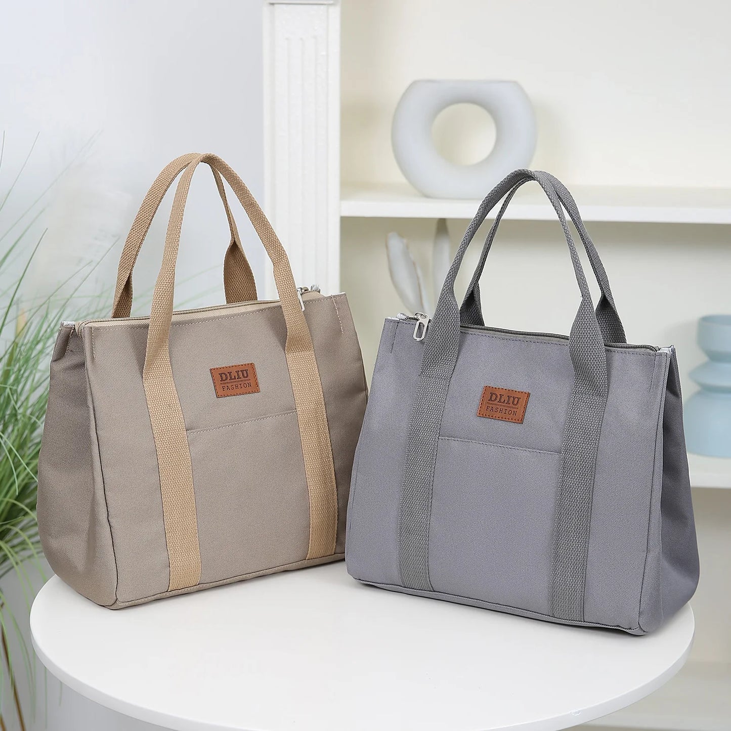 Solid Color Lunch Bag, Tote Bag with Foil Inner Zipper Closure Large Capacity Portable, Work, School, Utility Bag with Meals