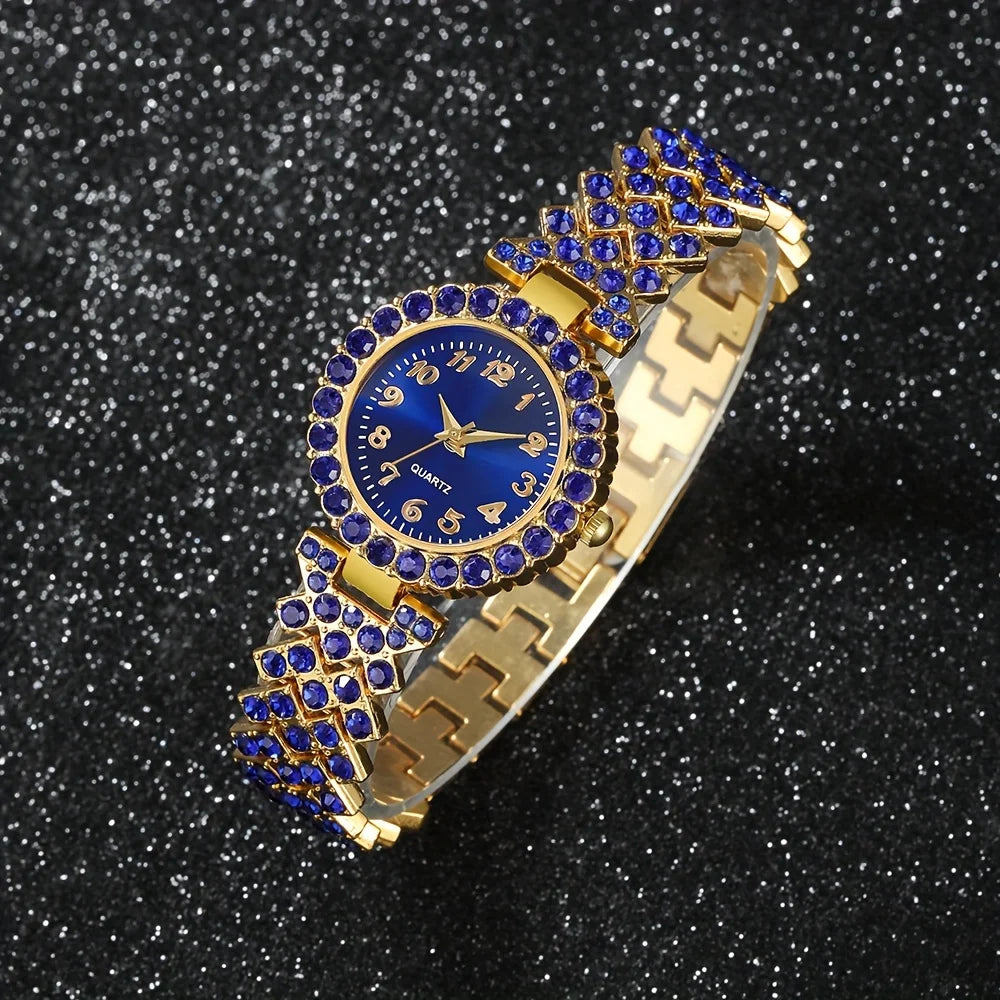 A fashionable women's quartz watch set, consisting of a 6-piece alloy round case timetable, earrings, necklace, and ring set,