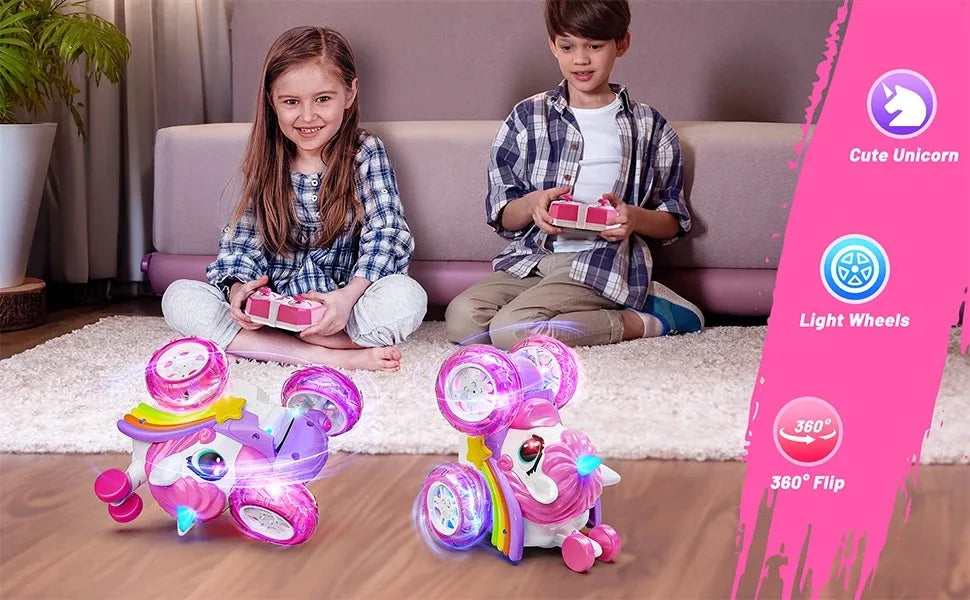 Unicorn Remote Control Car for Girls, 360° Rotating 4WD Stunt RC Cars with Cute Lights, Rechargeable Toys-Kid for Birthday Gifts