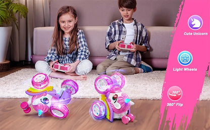 Unicorn Remote Control Car for Girls, 360° Rotating 4WD Stunt RC Cars with Cute Lights, Rechargeable Toys-Kid for Birthday Gifts