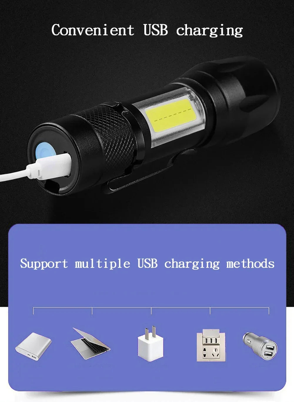 BALDR Mini Rechargeable LED Flashlight COB+XPE Portable Torch Zoomable Light Tactical Flashlight outdoor Camping Fishing Lantern
