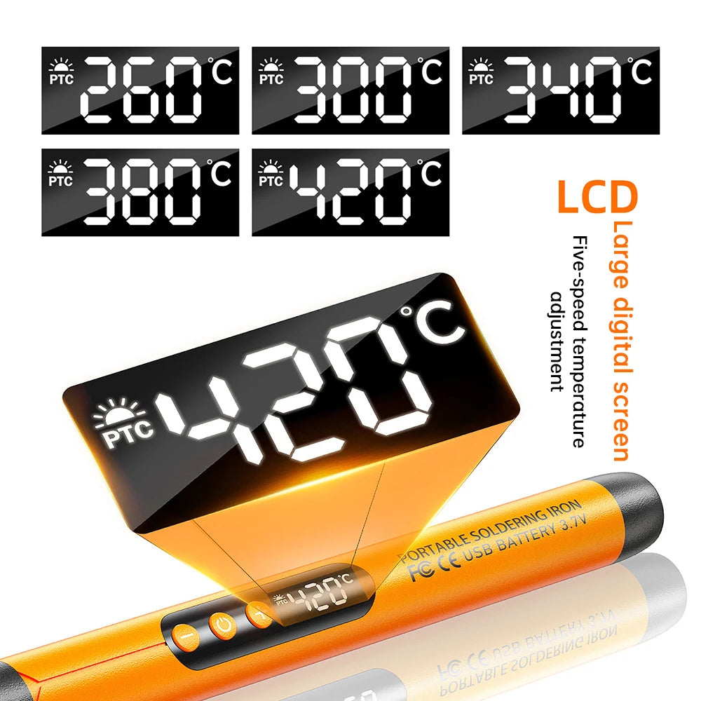 Wireless USB Soldering Iron Kit Replaceable C200S Tip 5-Gear 260-420℃ Auto Sleep Mode 1000mAh Type-C Rechargeable Welding Tool