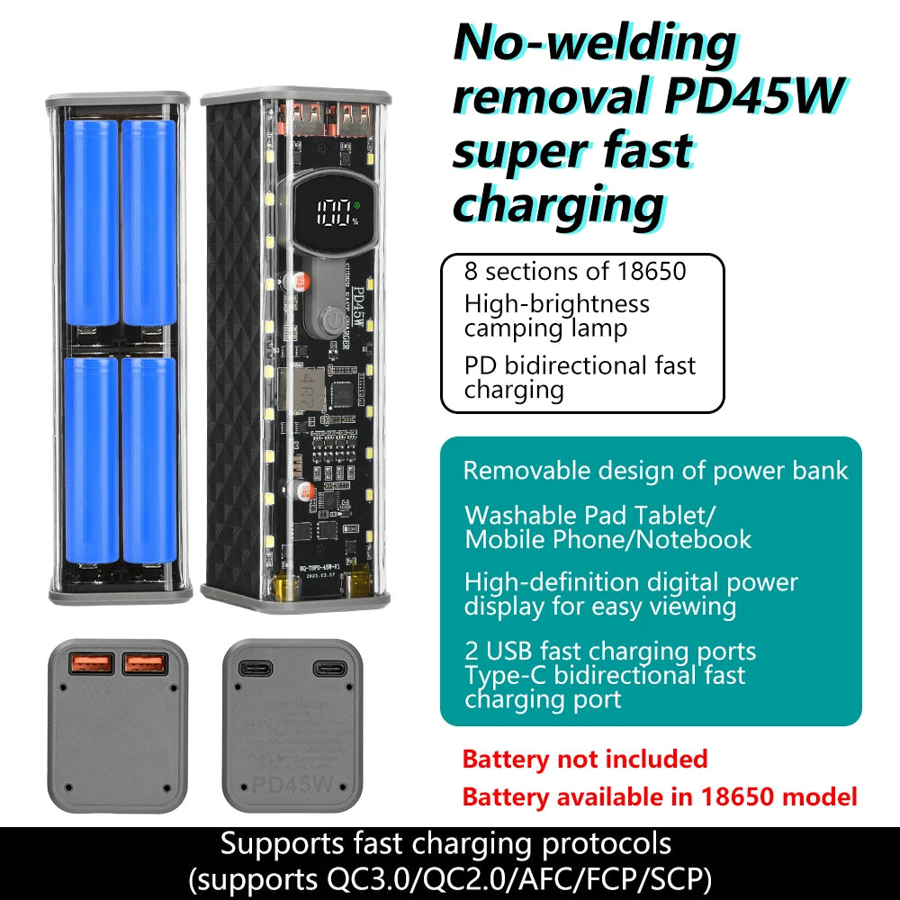 8Slots 18650/21700 Power Bank Case DIY Kit Mecha Transparent Quick Charge Flash Charger Battery Case Kit Power Bank Box Type C