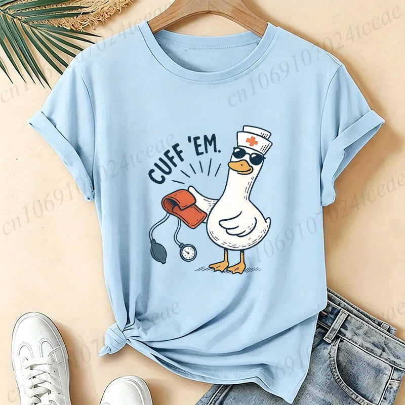 Women Funny Cuff 'Em Duck Nurse T‑Shirt Cute Cartoon Duck Blood Pressure Print Short Sleeve Tops Nurse Appreciation Gift Tees