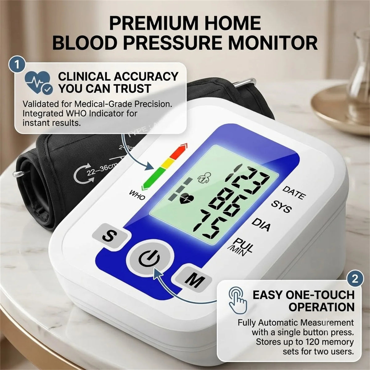 Automatic Arm Blood Pressure Monitor LCD Pressure Sensor Monitor BP Automatic Tonometer Digital Tensiometer LED Display Cuff
