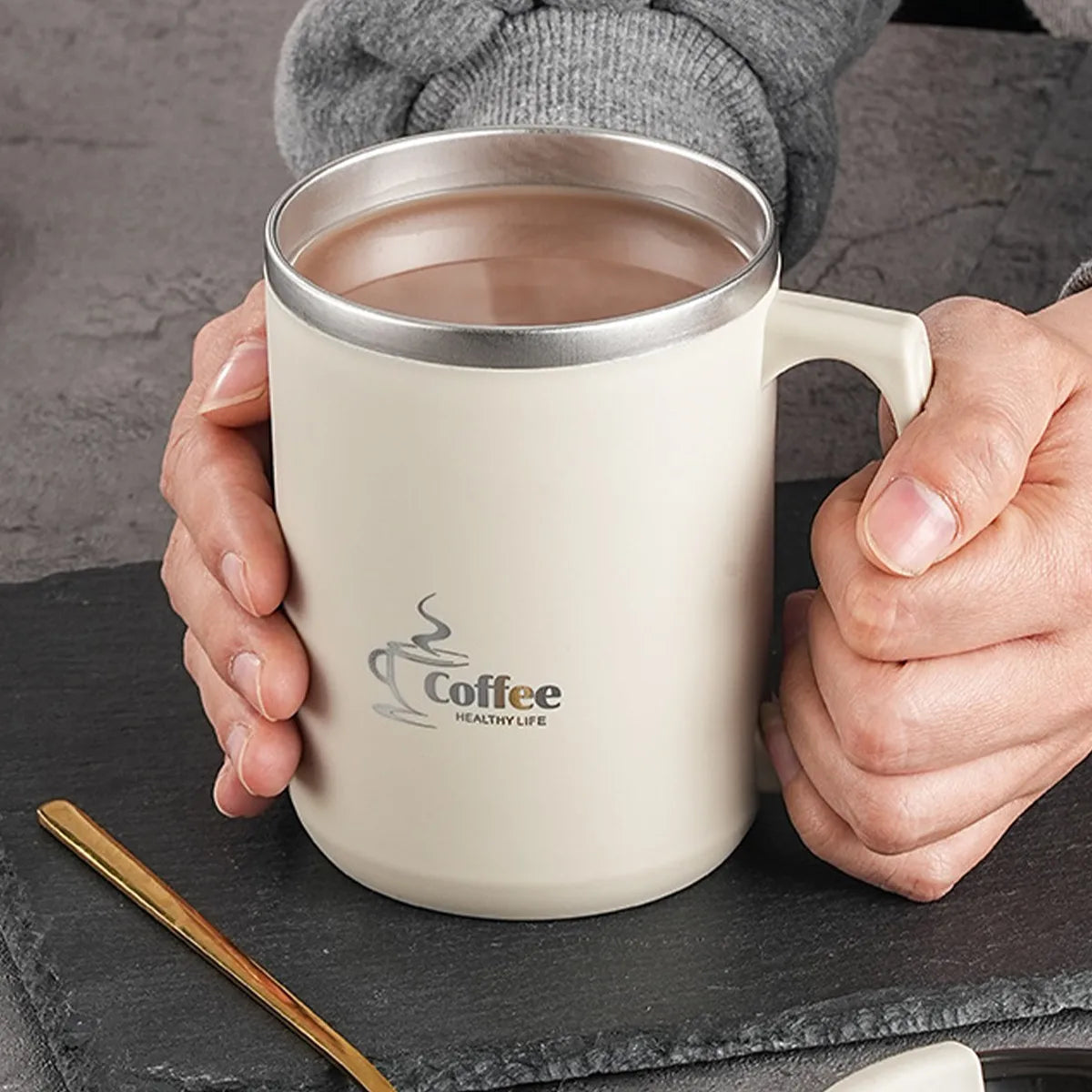450ML Thermos Mug 304 Stainless Steel Double Wall Insulated Milk Coffee Cup With Handle & Lid Leak-proof Drinking Cup Drinkware