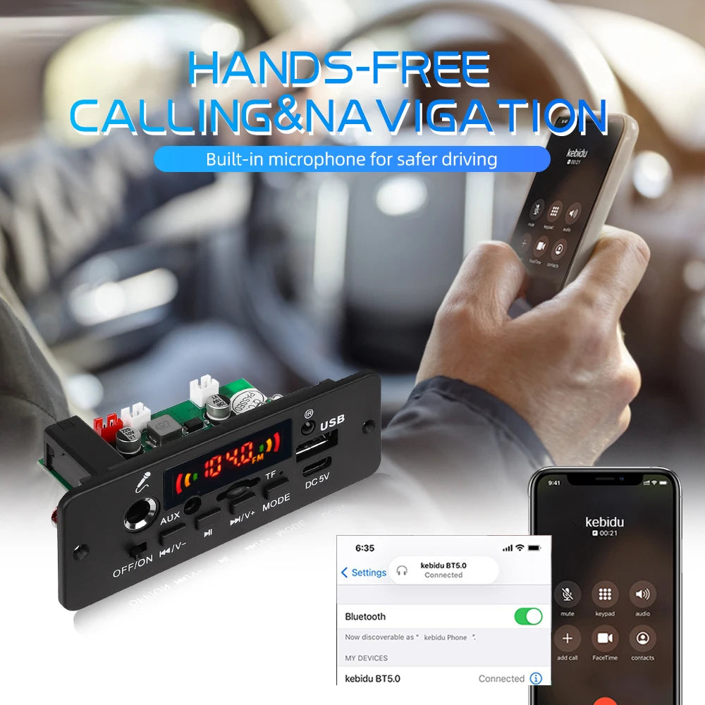 KEBIDU Bluetooth 5.0 MP3 Player With Mic 10W Amplifier WMA WAV APE Decoder Board Handsfree Car Audio Player USB AUX TF FM Radio