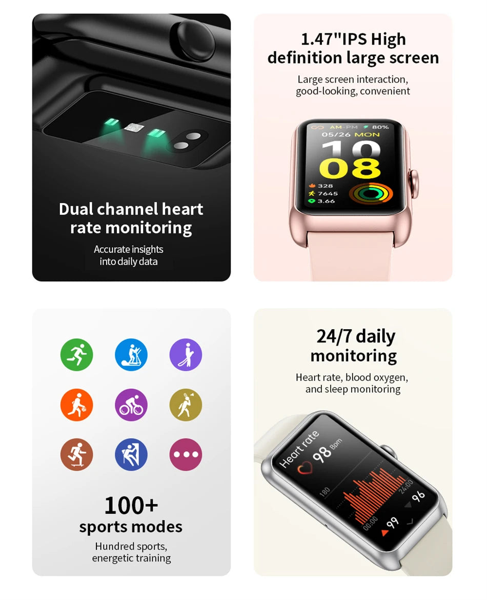 LIGE Fashionowy Smartwatch z Pełnym Ekranem Dotykowym Męski Damski Przypomnienie o Połączeniach Bransoletka Damska 100+ Trybów Sportowych Monitor Tętna Smartwatch