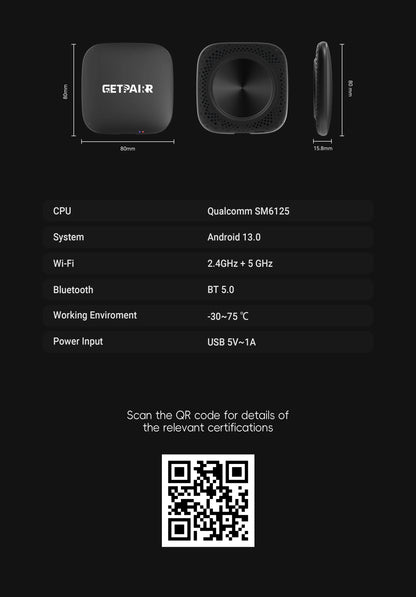 GetPairr P1 Android 13 AI Box 8GB 128GB Wireless CarPlay Android Auto Aadpter Youtube Video Box for Car with Wired Carplay