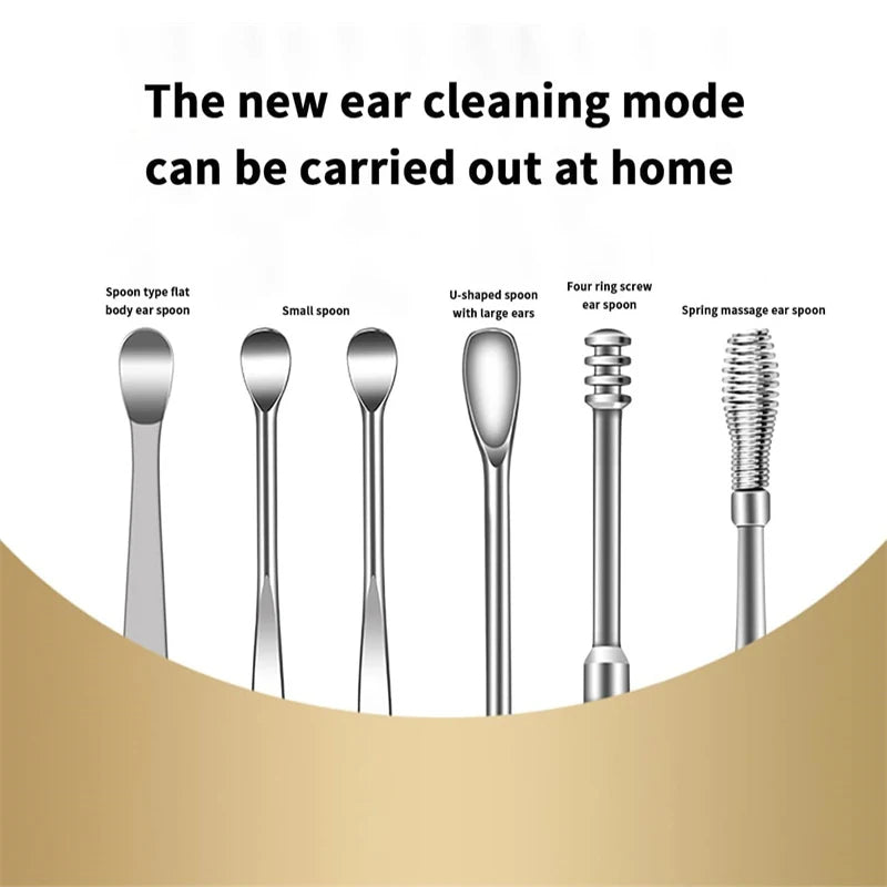 6Pcs/Set Stainless Steel Ear Cleaner Portable Ear Spoons Spiral Earwax Cleaning Removal Tools Reusable Earpick Beauty Accessory