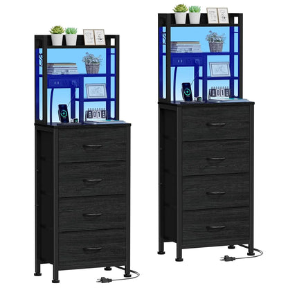 Set of 2 Tall Nightstands With Charging Station & USB Ports, 4 Fabric Drawers & LED Lights, Custom