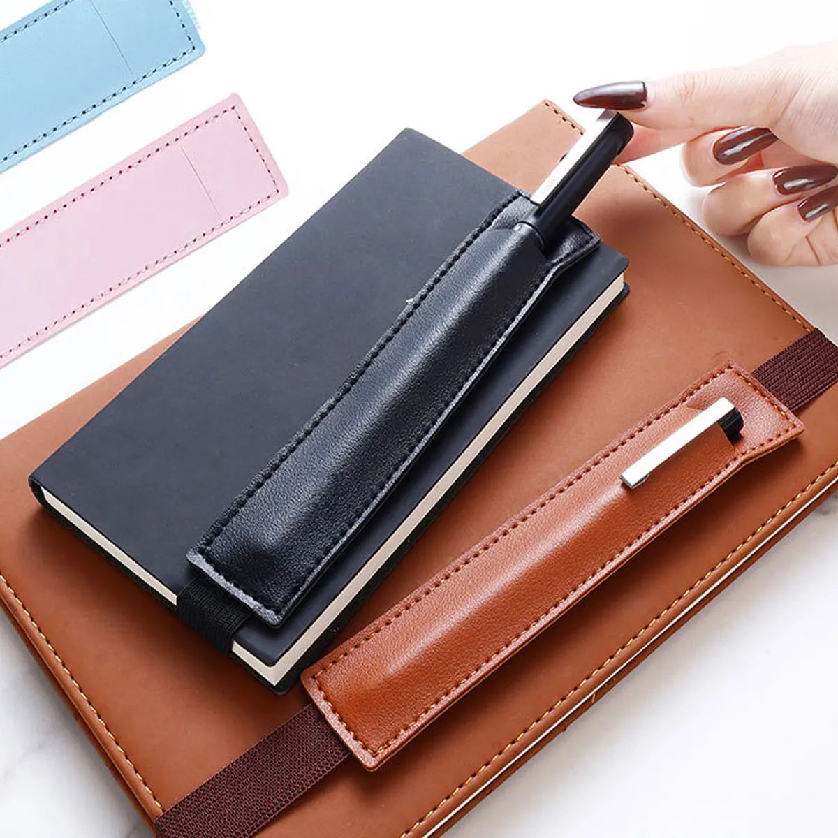 Pu Leather Pen Bag Elastic Buckle Book Notebook Fashion School Pen Case for Office Meeting Easy Carry Office Student Stationery