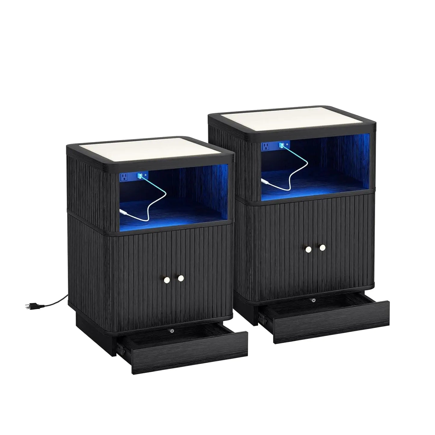 Night Stand With Charger Station, Modern Nightstand Set Of 2 With Hidden Drawer, Saddle Leather Top, Smart LED, And, Customized