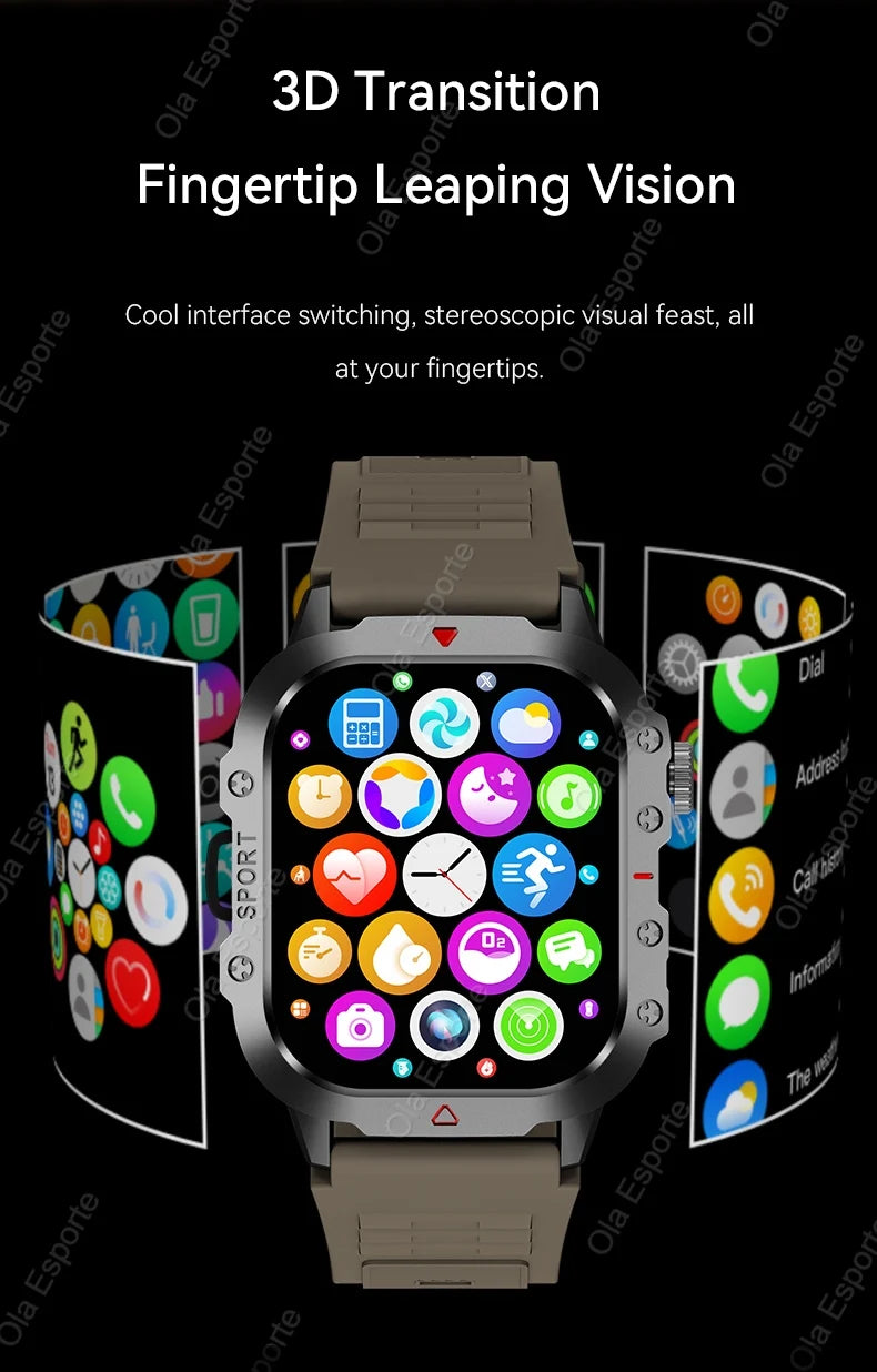 2026 New Military Smart Watch Men IP67 3ATM Outdoor Sports Fitness Tracker Blood Pressure Health Monitor BT Calls GPS Smartwatch