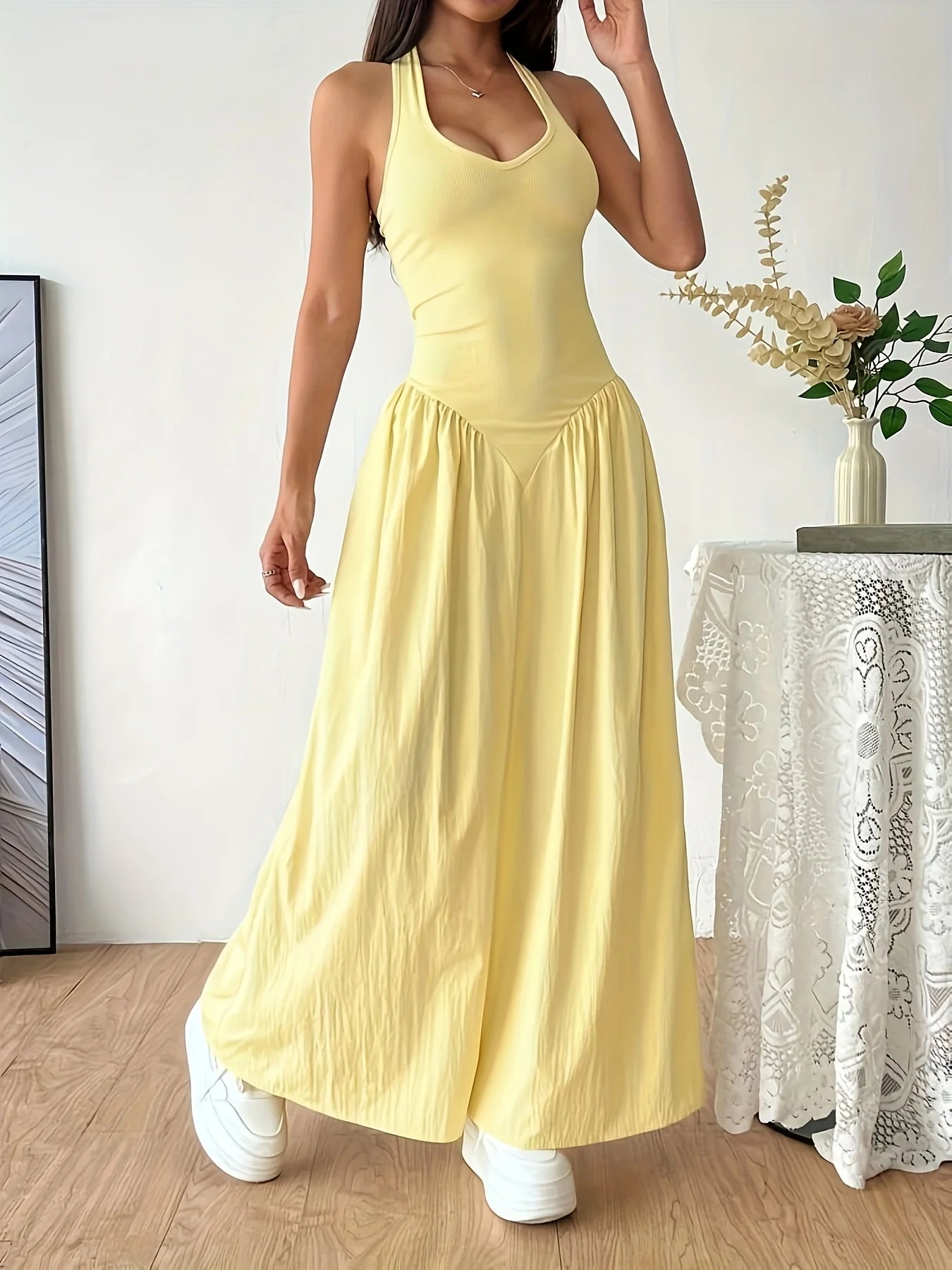 2026Women Yellow Halter Neck Maxi Dress Sleeveless V-Neck Backless A-Line Long Dress Casual Summer Elegant Beach Party Dresses