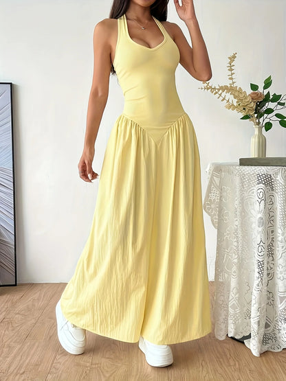 2026Women Yellow Halter Neck Maxi Dress Sleeveless V-Neck Backless A-Line Long Dress Casual Summer Elegant Beach Party Dresses