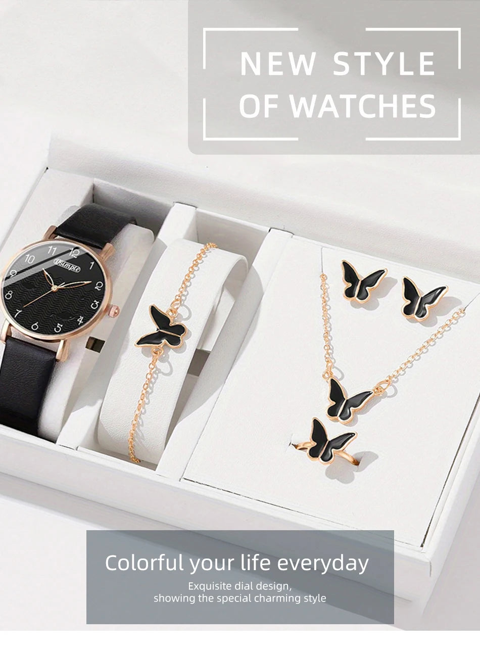 6pcs Sets Luxury Women's Black Leather Watches Butterfly Dial with Quartz Wristwatch Women Earring Bracelet Necklace Set