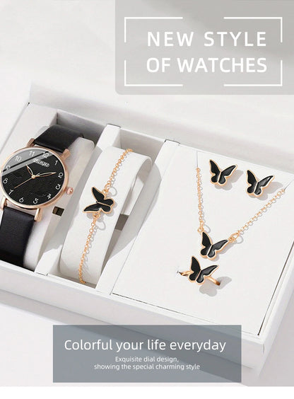 6pcs Sets Luxury Women's Black Leather Watches Butterfly Dial with Quartz Wristwatch Women Earring Bracelet Necklace Set