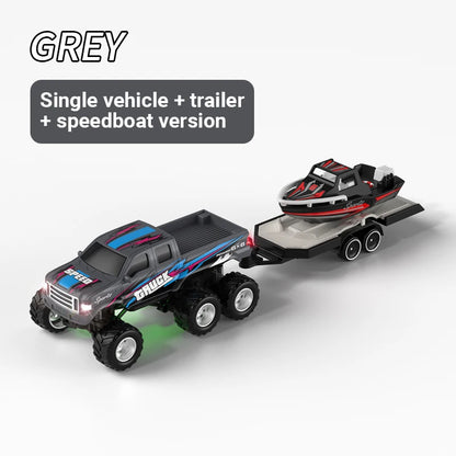 JJRC 1:64 Mini 6-Wheel Alloy RC Offroad Pickup Truck With Trailer & Speedboat Full Proportional Remote Control Car Boys Gift Toy