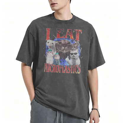 I Eat Microplastics Meme Cats Retro T Shirt 100% Cotton Vintage Washed T-shirt For Men Women