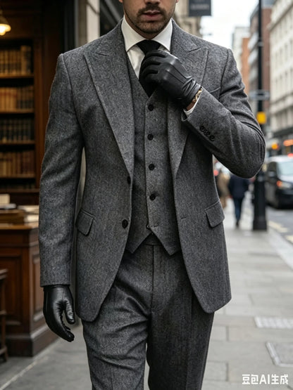 Formal 3 Pieces Men's Grey Herringbone Suits Slim Fit Peak Lapel Tweed Prom Tuxedos For Wedding/Business(Blazer+Vest+Pants)