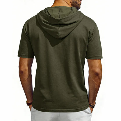 Summer Men's Short Sleeve Hooded T-Shirt Henry Neckline Drawstring Design Casual Loose Breathable Sporty Vest