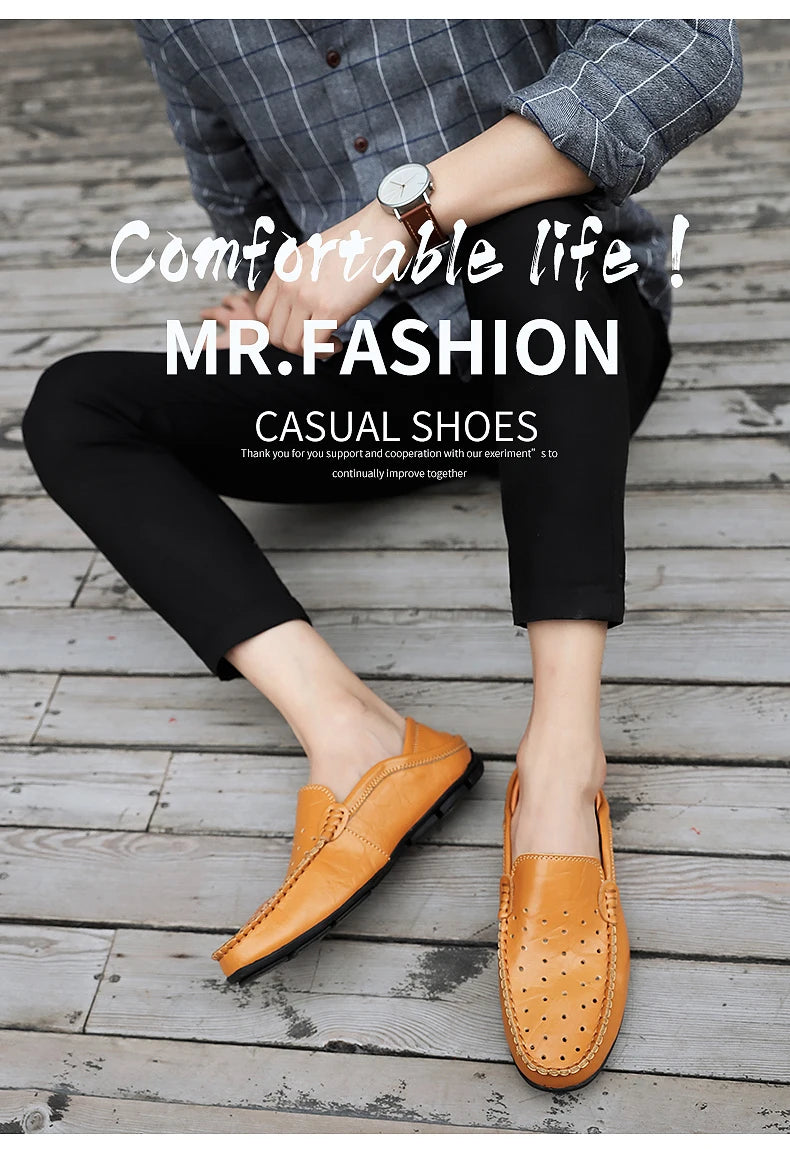 Men's Driving Shoes Large Size Loafers Hollow out Casual Bean Bean Shoes Leather Slip-On Footwear for Men