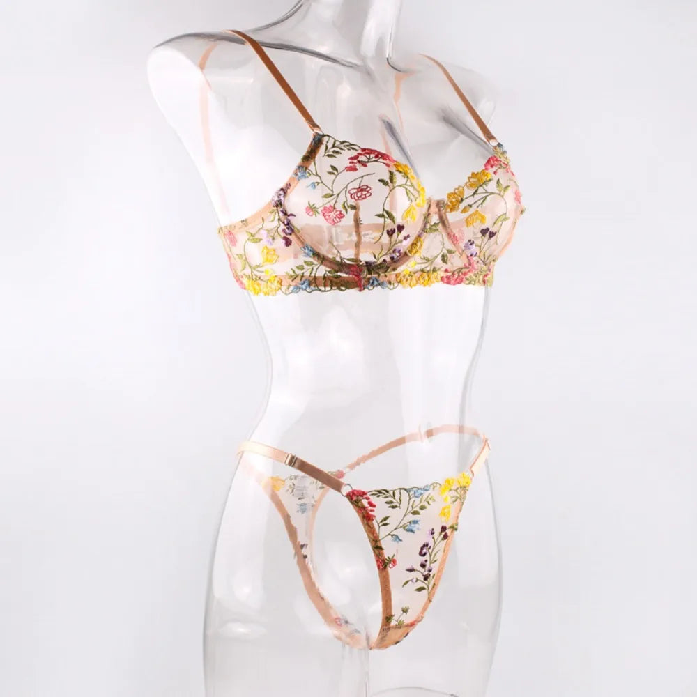 2-Piece Floral Lingerie Set Sheer Embroidery Underwear Intimates Underwire Push-up Versatile Bra Panty Set For Lady Girl
