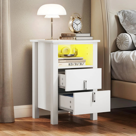 YITAHOME 2 - Piece LED White Bedside Table Set - 2 - Drawer Nightstands with LED Lighting for Bedroom and Living Room