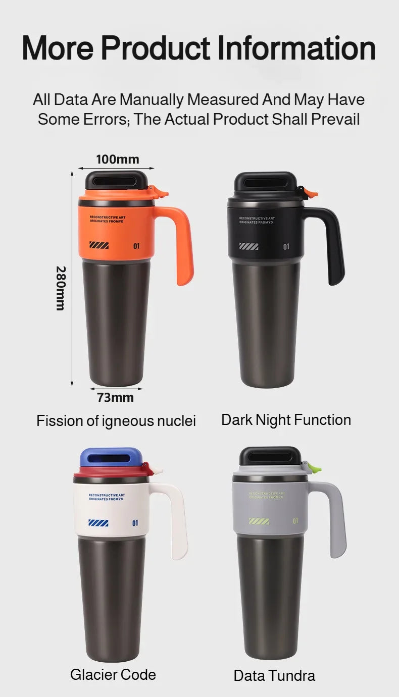 1L 304 Stainless Steel Vacuum Insulated Water Bottle One Touch Flip Lid Thermos Mug with Straw Handle for Car Travel Home Daily